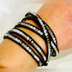 Nakamol Wrap Around Bracelet Moonstone & Black Leather Beaded Jewelry—Sparkly